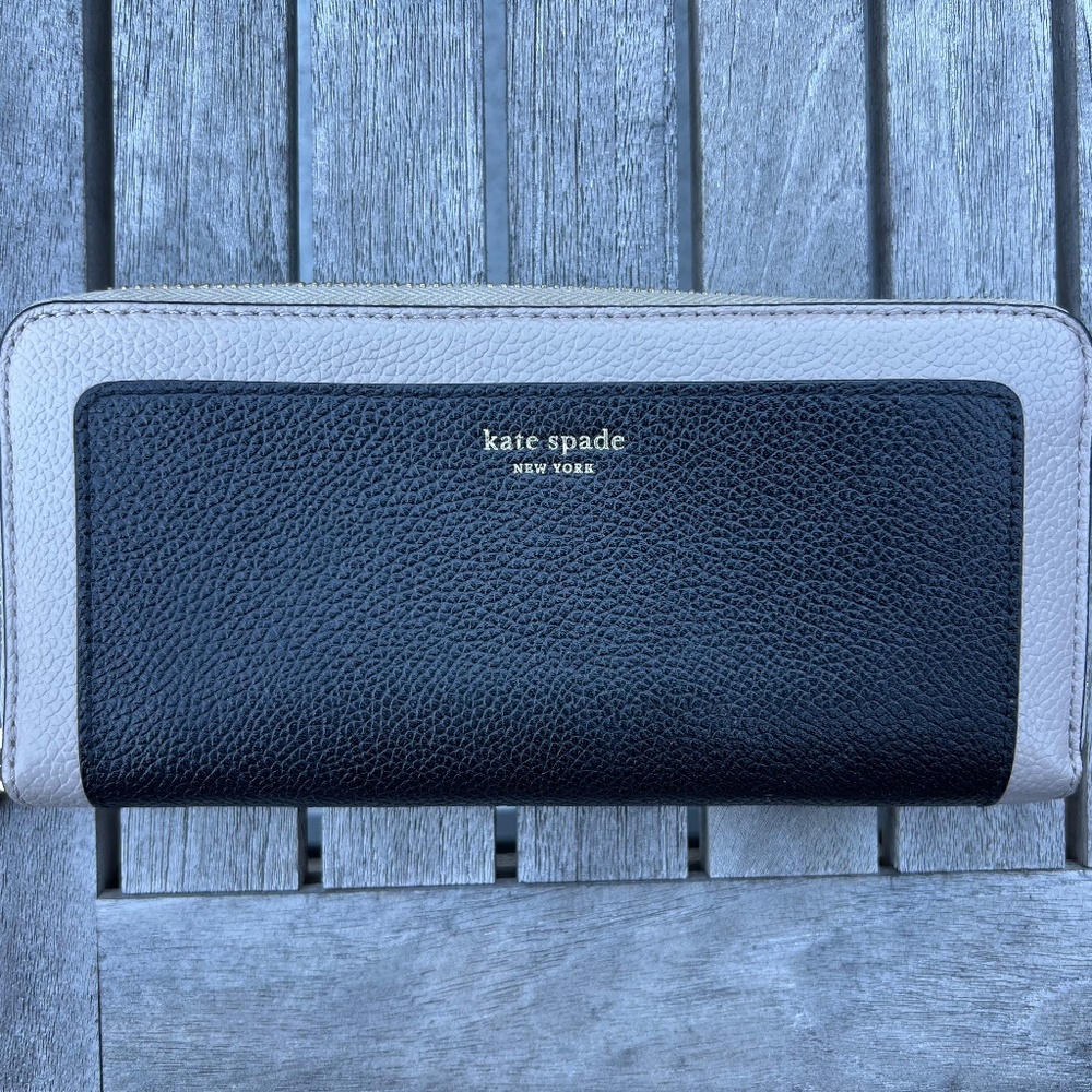 Kate Space Color-Blocked Zip-Around Continental Wallet in Black & Tan